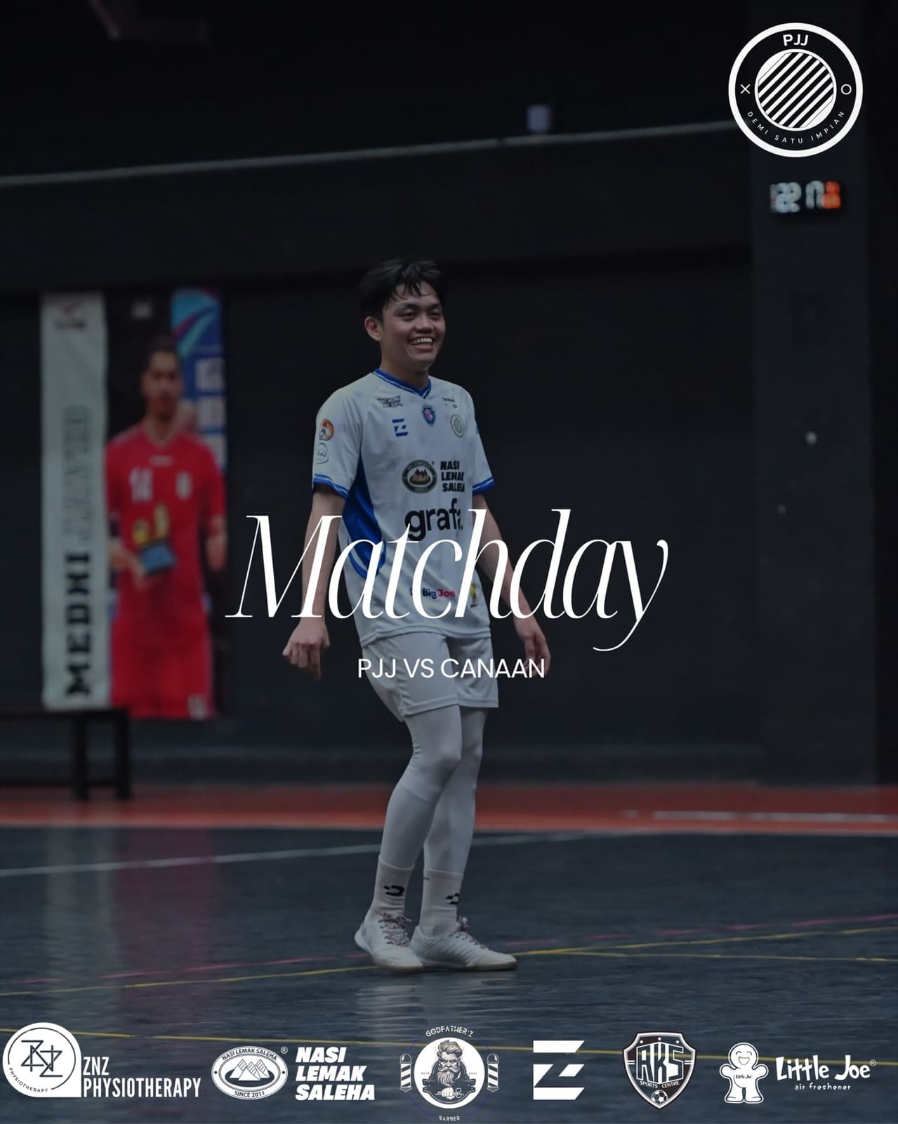 Matchday poster, PJJ vs Canaan: a PJJ player smiling on court in the white and blue away kit