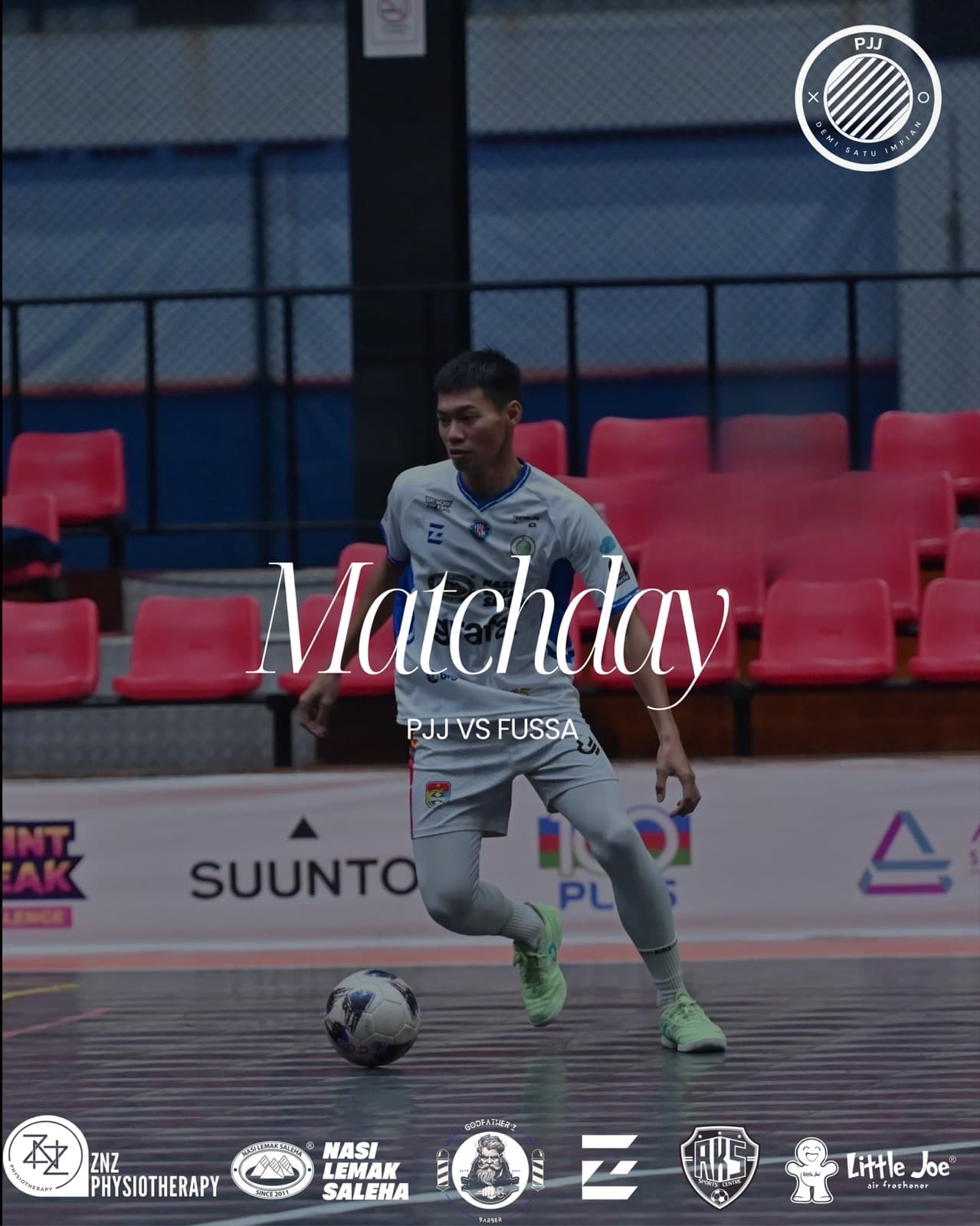 Matchday poster, PJJ vs Fussa: a PJJ player dribbling in the away kit